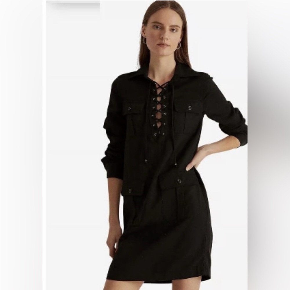 New Lauren Ralph Lauren Black Lace Up Twill Dress Sz 4 Knee Length